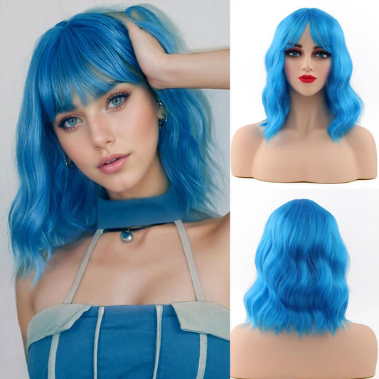 HWHRGL Light Blue Wigs with Bangs for Women 14 Inch Short Wavy Bob Wigs With Bangs Synthetic Bob Wig Curly Wig Heat Resistant Colorful Wavy Wig for Cosplay Daily Party Use Halloween Wigs
