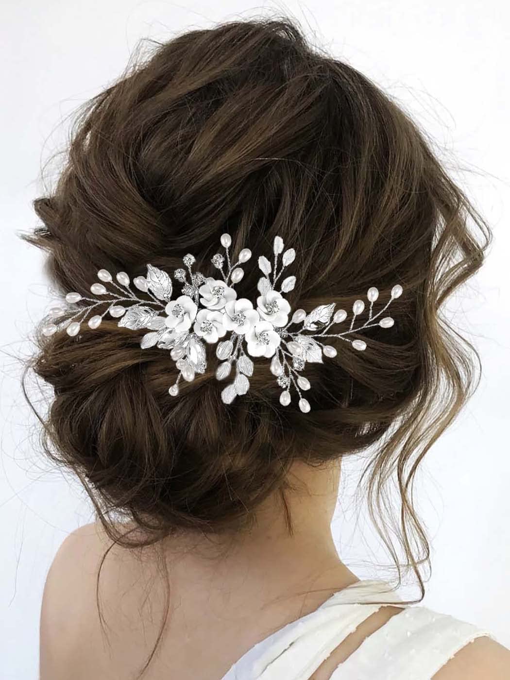 Unicra Flower Bride Wedding Hair Comb Leaf Silver Bridal Headpiece Pearl Hair Accessories Crystal Hair Piece Jewelry for Women and Girls (A Silver)