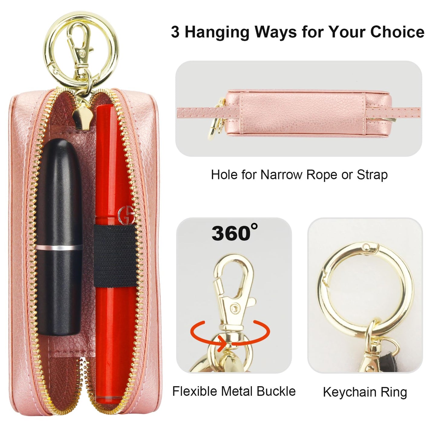 Bocasal Leather Lipstick Case Holder Chapstick Keychain Pouch, Zipper Lip Balm Lip Gloss Bag for Purse with Elastic Band, Makeup Travel Organizer, Cosmetic Storage Kit for Women Girls (Rose Gold)