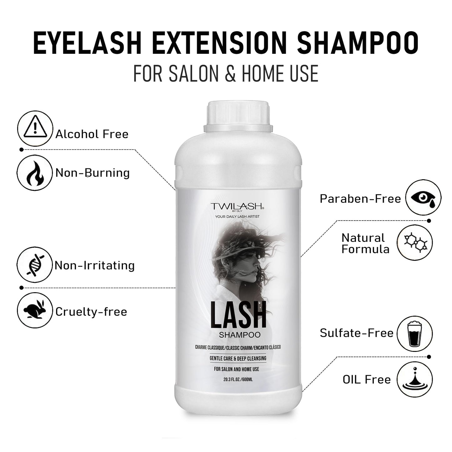 600ml Lash Shampoo Bulk, Eyelash Extensions Cleanser for Extensions, Safe Makeup Remover, Non-irritating or Burning Formula Eyelid Foaming Cleanser for Professional Salon and Home Use (Classic Charm)