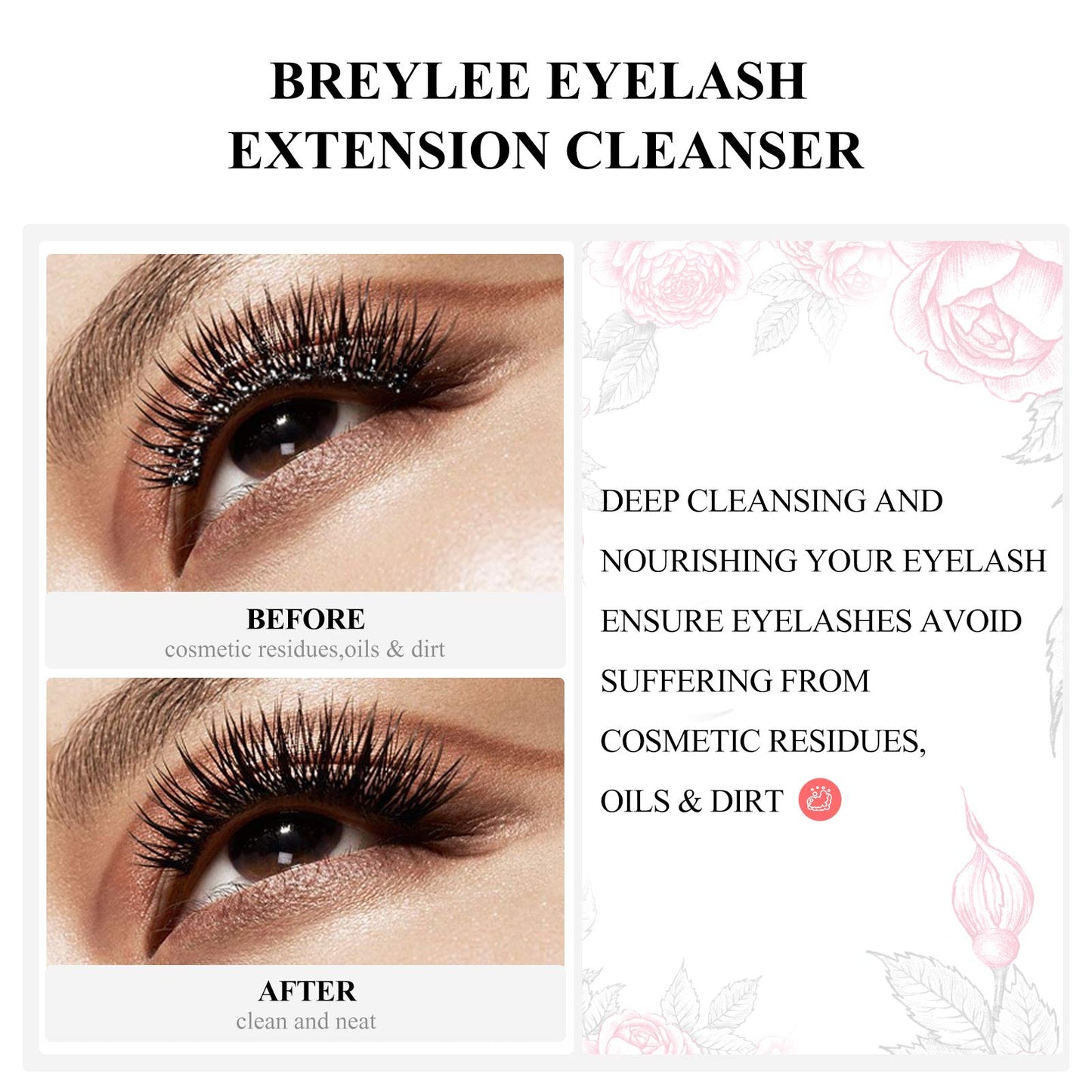 BREYLEE Eyelash Cleanser, Shampoo Foam & Brushes Eyelid Cleanser for Makeup Remover Paraben & Sulfate Free for Salon and Home Use(60ml, 2 fl oz)