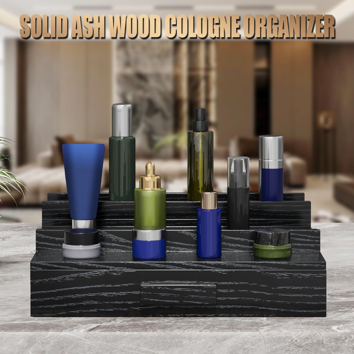 Gernshe Cologne Organizer for Men,3 Tier Solid Ash Wood Cologne Stand,Cologne Shelf Display Holder,Perfume Stand Organizer with Drawer and Hidden Storage,Great Gift for Men Father's Day,Black