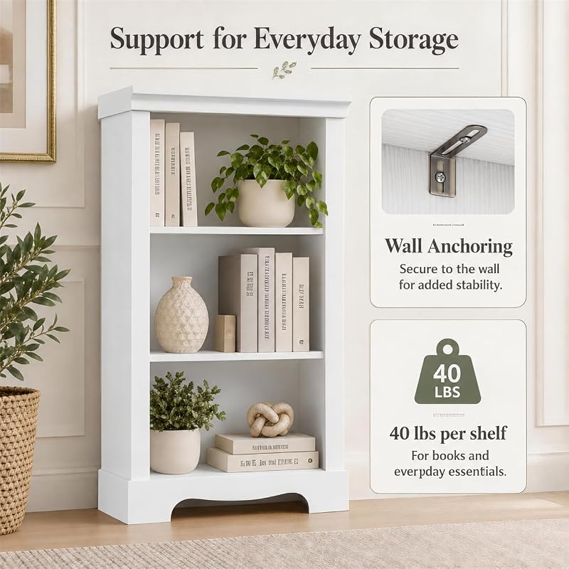 3-Tier Bookshelf, Small White Bookcase — 11.4"D x 24.6"W x 38"H — Variation: White+3-tier