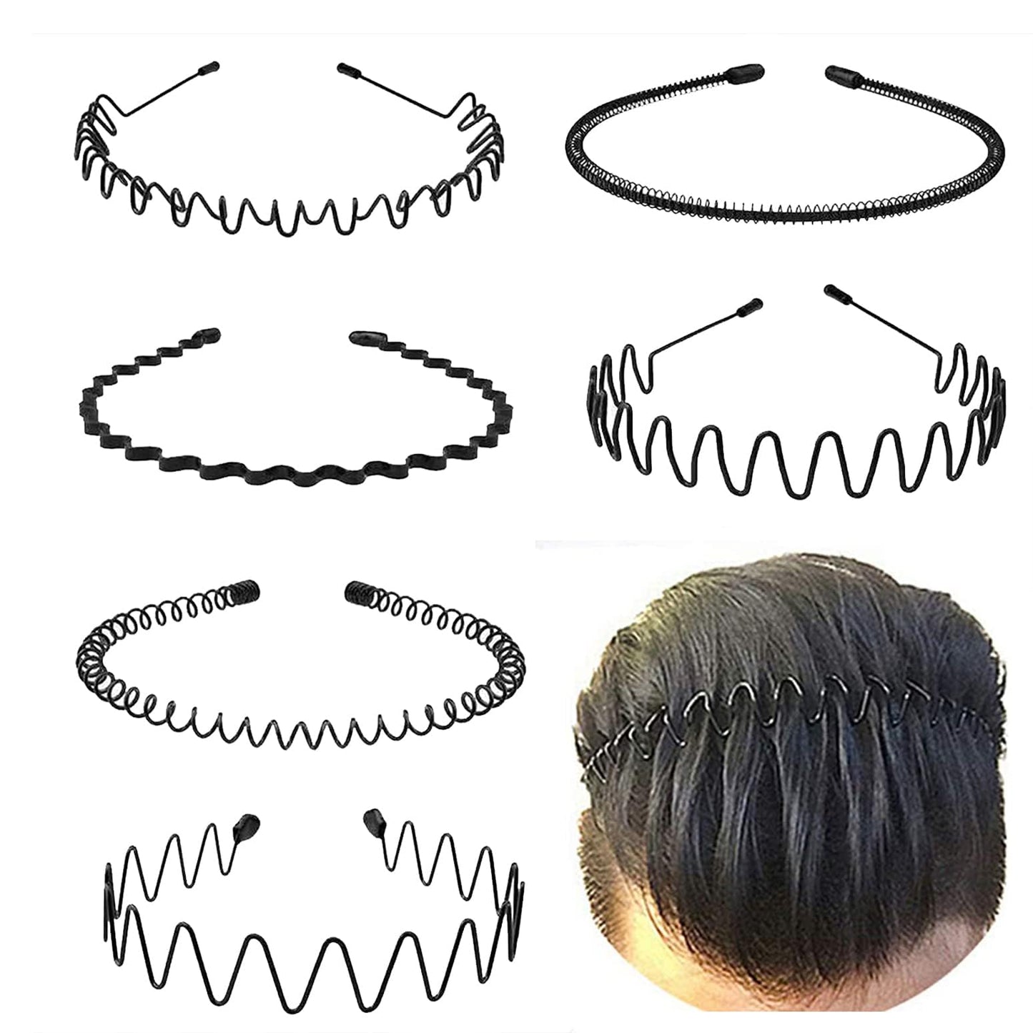 KELUBATU Metal Headbands for Men Fashion Headband for Women, Unisex Wavy Hair Bands Outdoor Sports Head Bands Simple Elastic Non-Slip Hair Accessories (6 Pack)