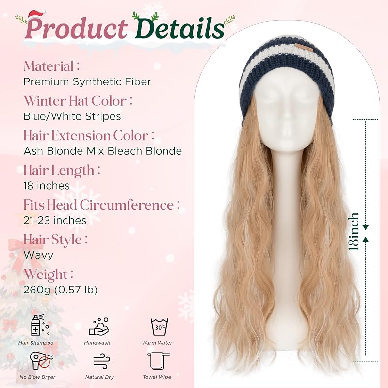 Beanie Wig with Hair 18in Synthetic Extensions in Blue/White Stripes - Ash Blonde Mix (#18P613) Variation 3