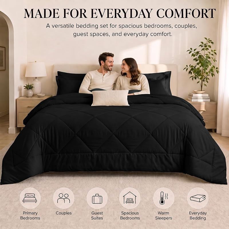 King Comforter Set 102x90 Black - 7 Piece Bedding Set, CozyLux - Variation: Black+King(102x90)