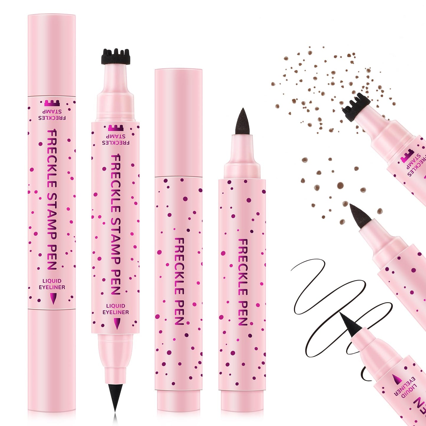 HOSAILY 2pcs Light Brown Freckle Stamp Makeup Pen, Quick Dry Faux Freckles Black Liquid Eyeliner Pen Set, Natural Lifelike Waterproof Fake Freckle Stain Marker Pencil Face Decoration Sunkissed Makeup