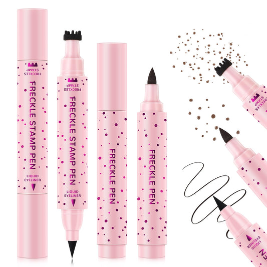 HOSAILY 2pcs Light Brown Freckle Stamp Makeup Pen, Quick Dry Faux Freckles Black Liquid Eyeliner Pen Set, Natural Lifelike Waterproof Fake Freckle Stain Marker Pencil Face Decoration Sunkissed Makeup