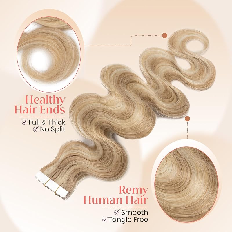 Human Hair Tape-In Extensions 14 Inch Ash Blonde & Bleach Blonde 20pcs 40g - Remy wavy