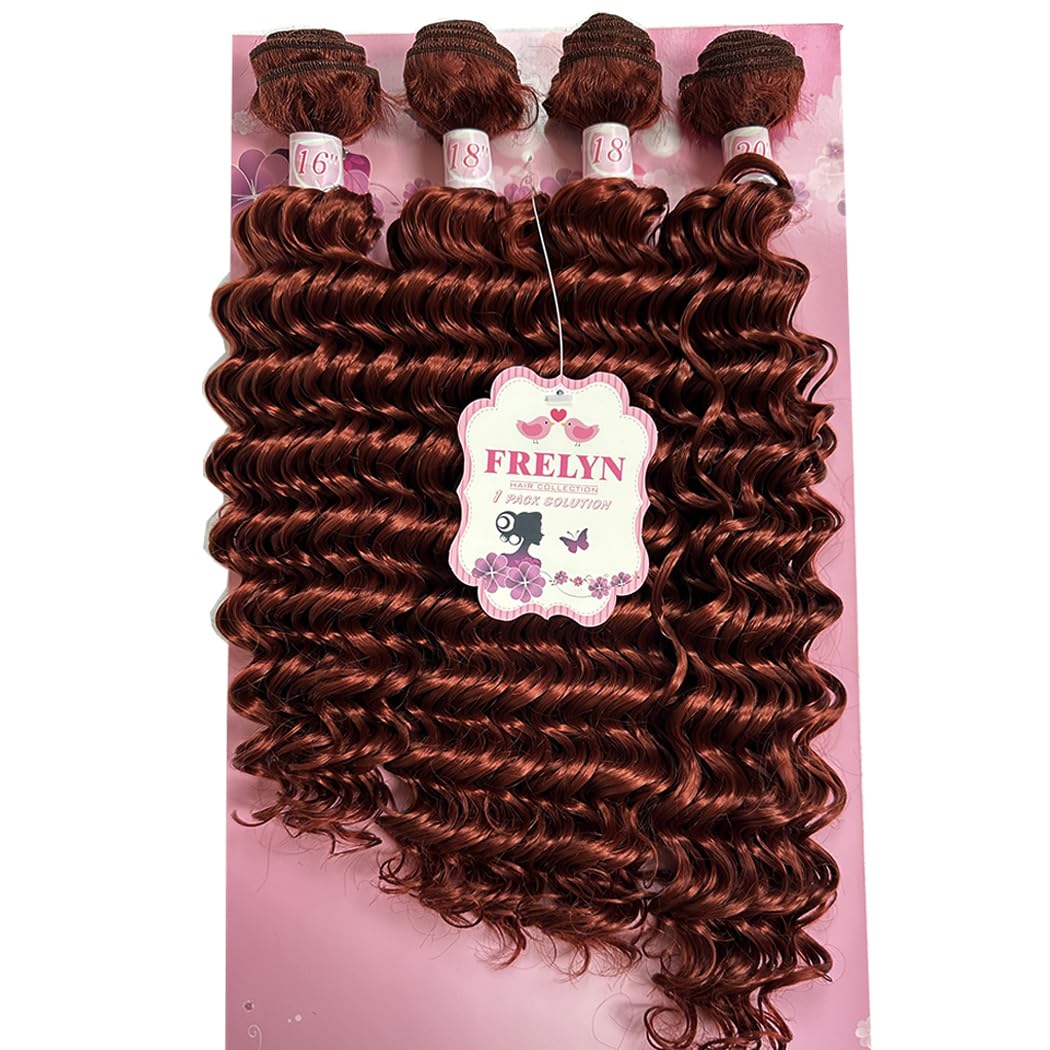 FRELYN Deep Wave Curly Synthetic Hair Weave Bundles - Black, 16-20 Inches, 4 Pack