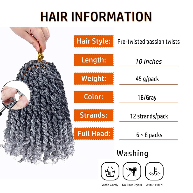 Pre-twisted Passion Twist Hair 10 Inch - 8 Pack, 1B/Gray, Crochet Braids, Pre-looped