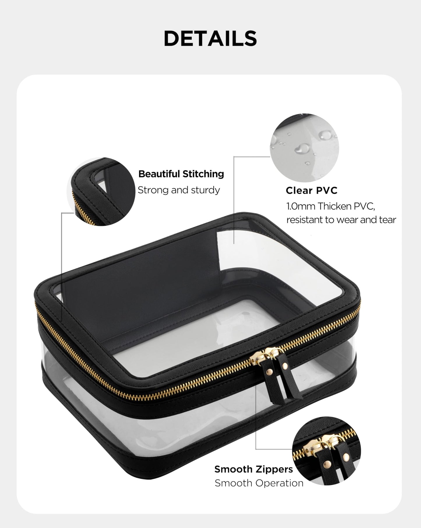 Vorey Large Clear Makeup Bag for Women, Portable Travel Makeup Bag Organizer Waterproof Toiletry Bag Cute Makeup Bags Cosmetic Bag Makeup Pouch, Black