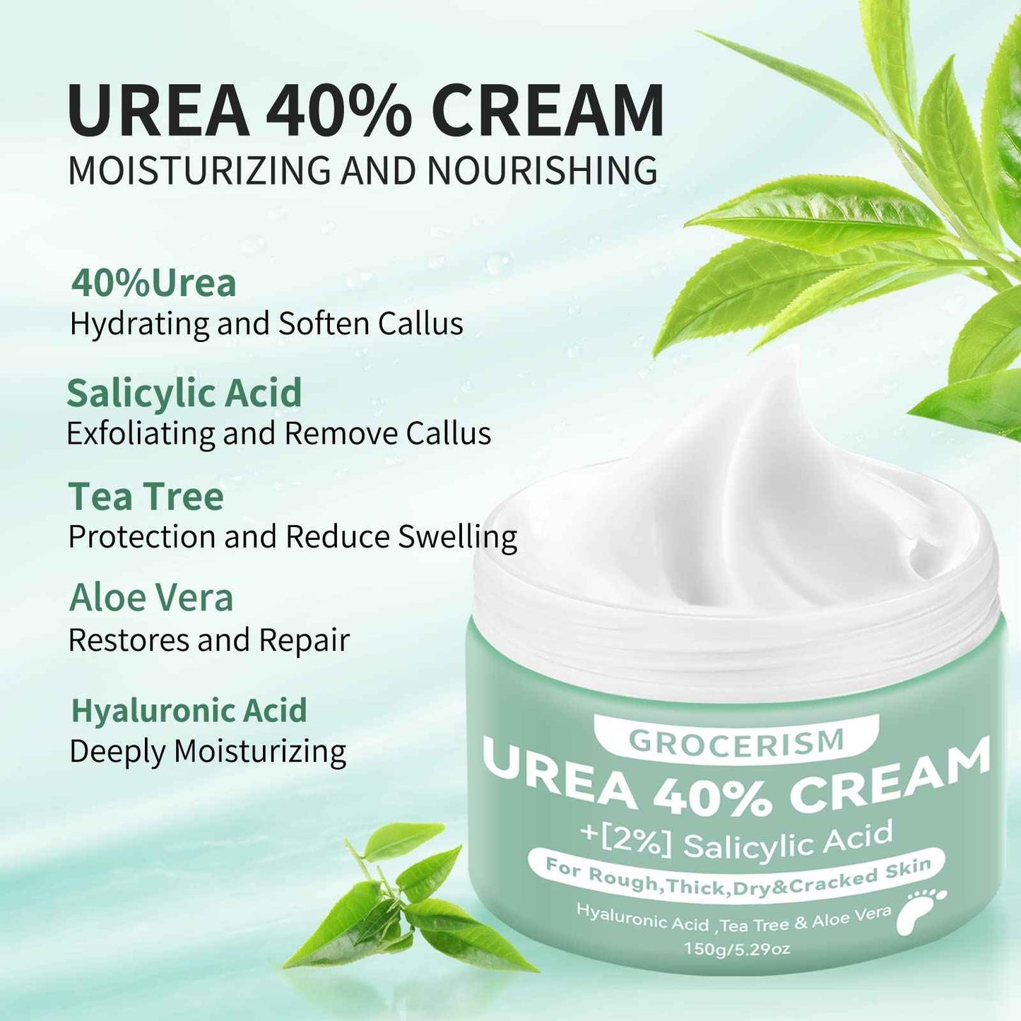 Grocerism 2 Packs Urea Cream 40% Plus 2% Salicylic Acid 5.30 oz || Foot Cream Maximum Strength with Hyaluronic Acid, Tea Tree, and Aloe Vera for Deep Moisturizes, Callus Remover and Soften