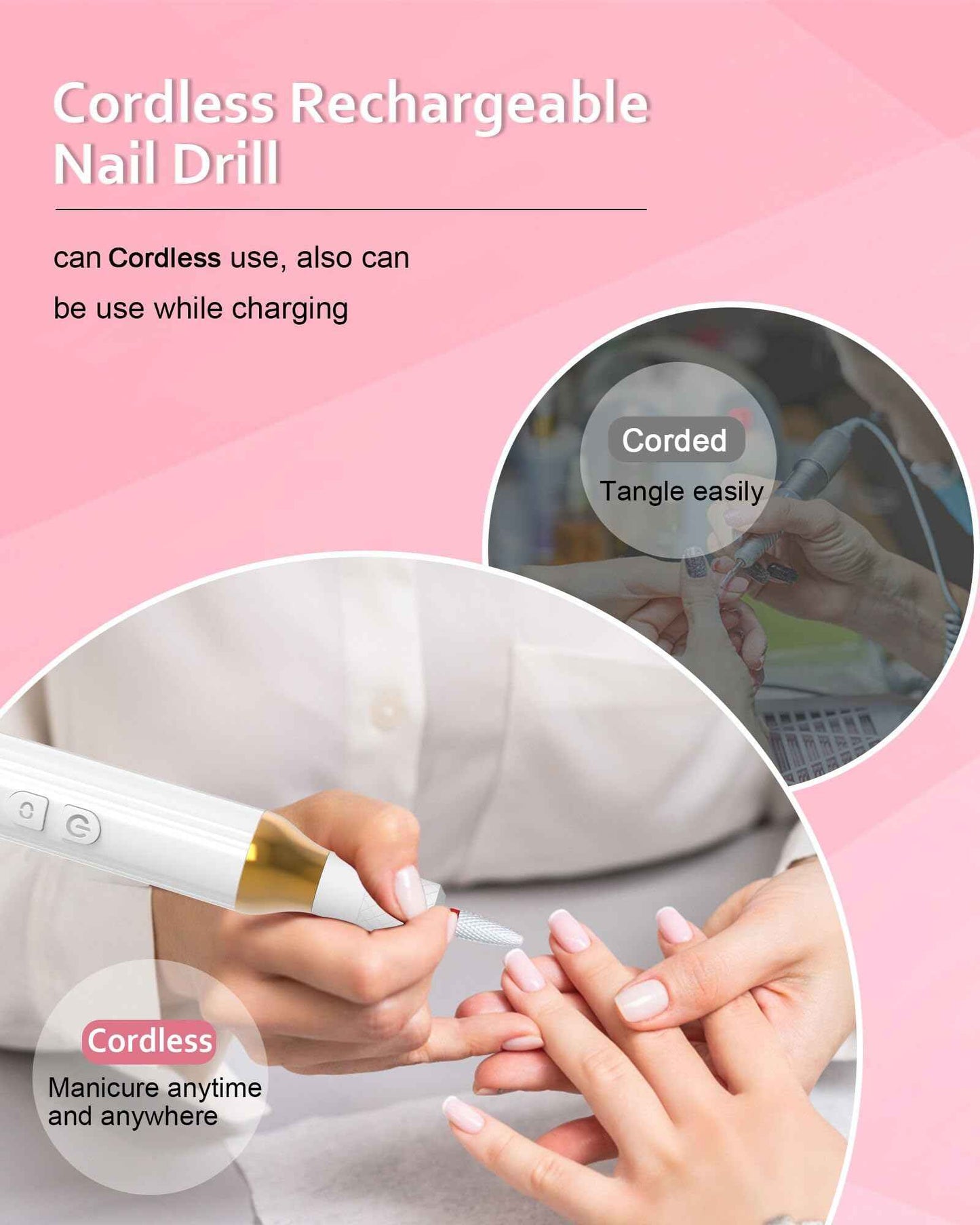 DEEHENK Nail Drill,Cordless Electric Files for Gel Nails E-File Manicure Kit Women Rechargeable Drill para Uñas Profesional Machine Grinder Acrylic White (M918)