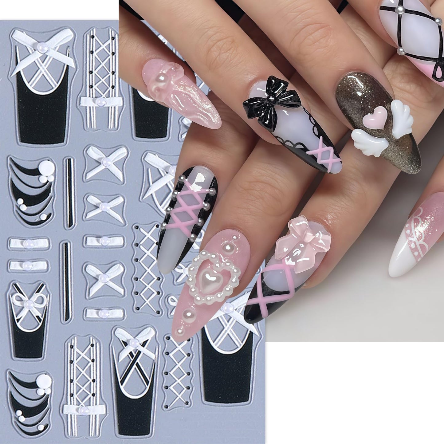 4Pcs Colorful Bow Lace Nail Art Stickers 5D Embossed Pearl Nail Decals Nail Stickers for Nail Art French Romantic Bow French Line Nail Design Nails Accessories Pearl Stripes Nails Supplies for Women