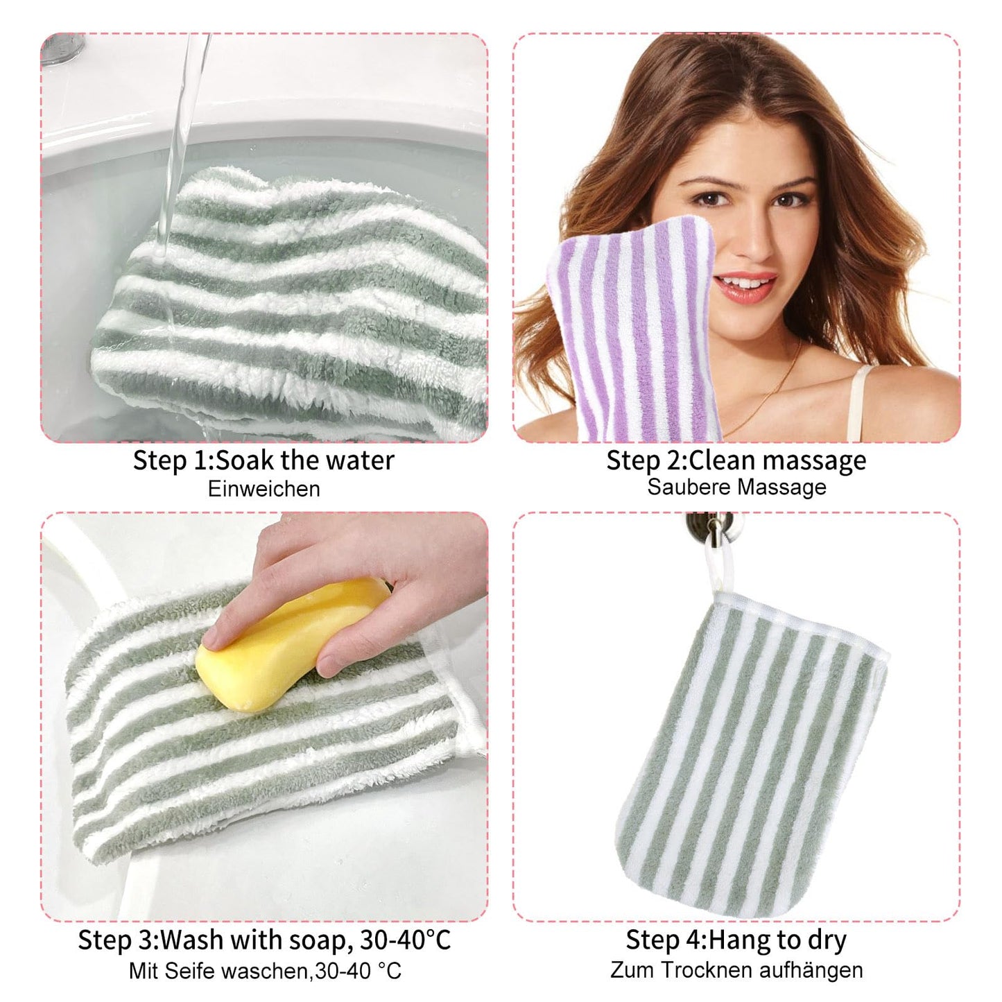 6 Striped Bath Mitts Washcloths, PHOGARY Small Hand Towels with Hanging Loop, 5"x8" Super Absorbent Soft Coral Fleece Face Towels Kid Teen Adult Body Facial Cloths Machine Washable Cloth for Showering