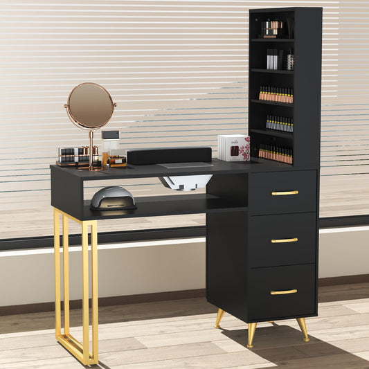 ELEVACHIC Manicure Table Nail Desk w/Electric Dust Collector, Versatile Manicure Station for Nail Tech, Includes Wrist Cushion, Storage Cabinet & Drawers, Shelves, for Salon & Home, Black and Gold