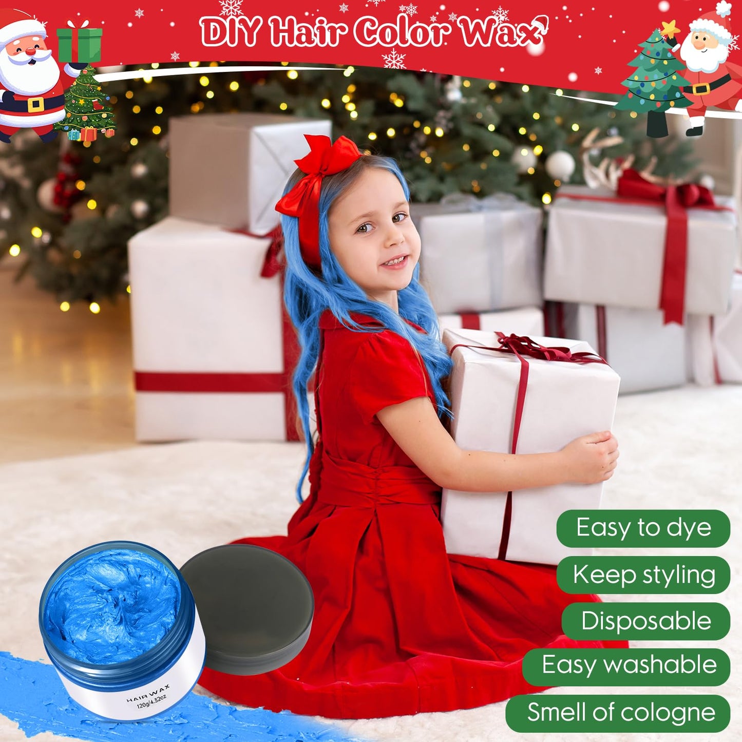 Temporary Hair Color Wax Washable & Non-Toxic Hair Styling Clay for Girls Kids Age 4-12+ Pink & Blue Hair Dye for Halloween, Cosplay, Birthday, Christmas, Party