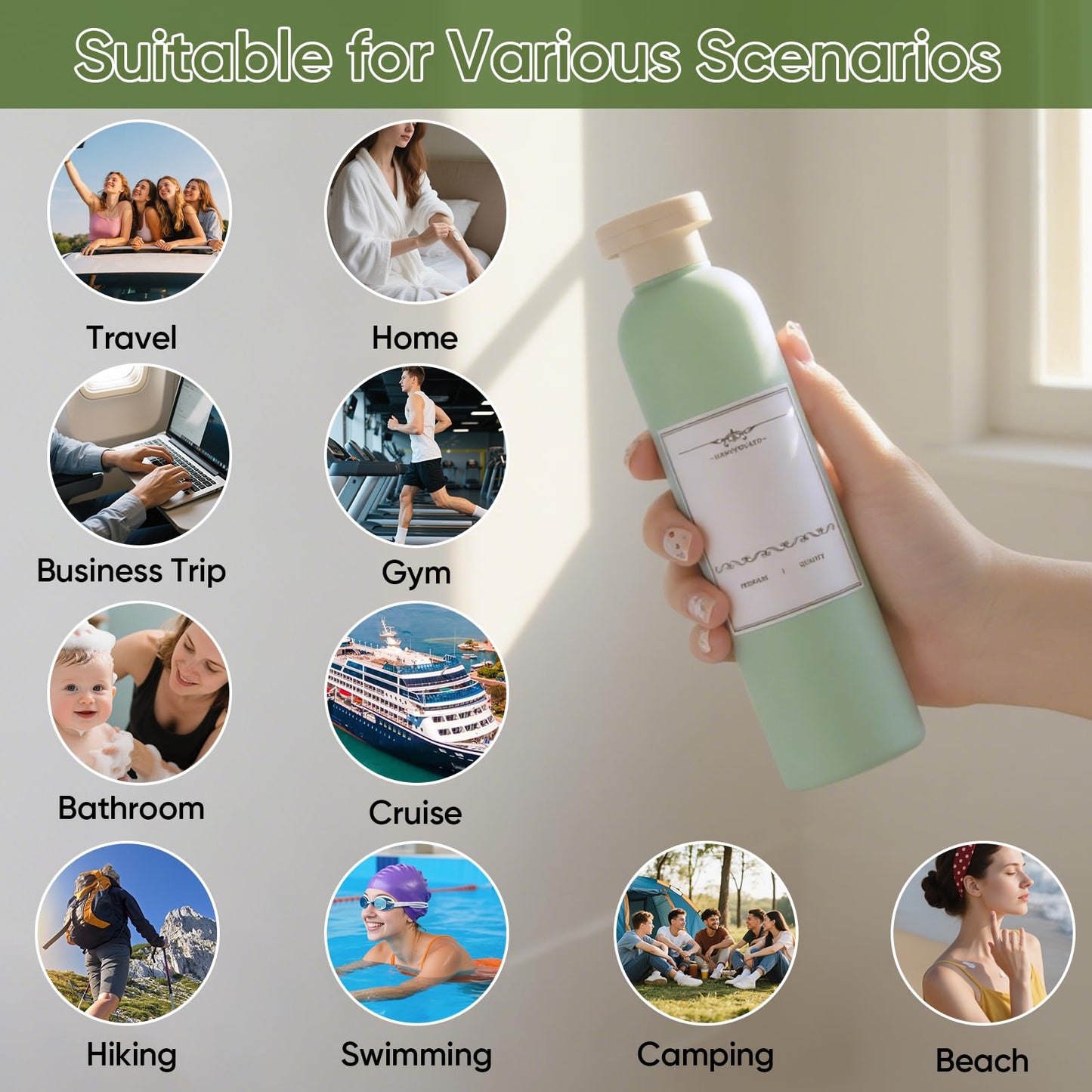 DEMORA 8.8oz Large Travel Bottles for Toiletries, Leak Proof Plastic Travel Squeeze Bottles Refillable Toiletry Containers with Flip Caps and Labels for Shampoo Conditioner Body Wash (Green, 4 Pcs)