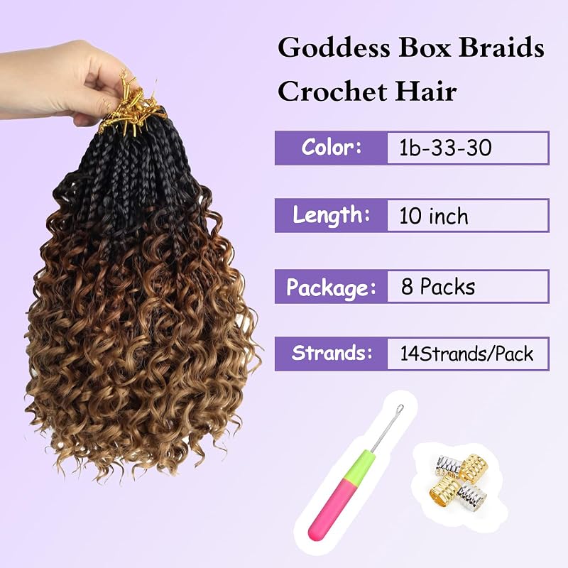 Goddess Box Braids Crochet Hair 10 inch - Boho DIY Pre-Looped 8 Packs #1B-33-30+10in
