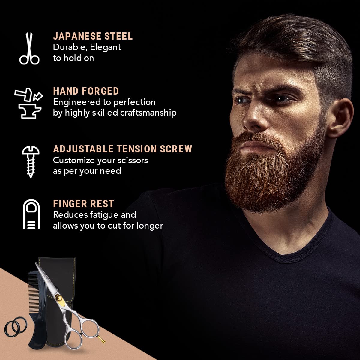 Ontaki Premium Hand-Forged Mustache & Beard Scissors 5.5" - Japanese Steel Barber Scissors - Bangs & Grooming Shears - Rest Hook Silver - Hair Shears - Beard Sheers
