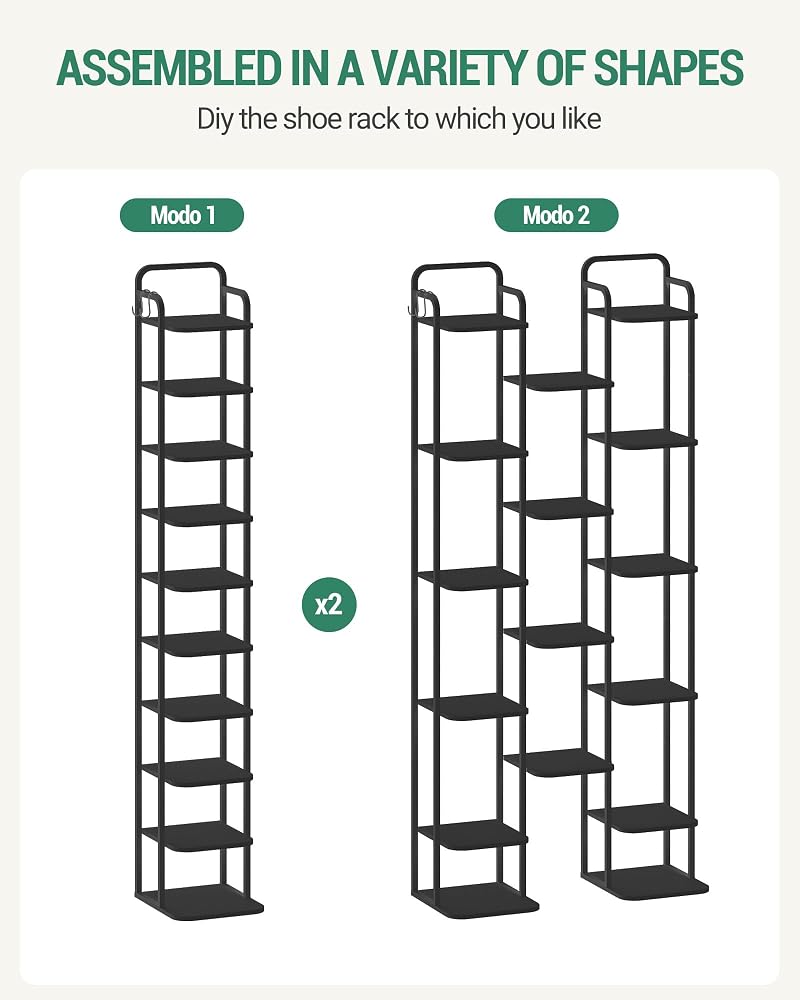 Vertical 10-Tier Shoe Rack Organizer – Free Standing 67.3" Tall, Black with 2 Side Hooks (Variation: Black+10 Tier)
