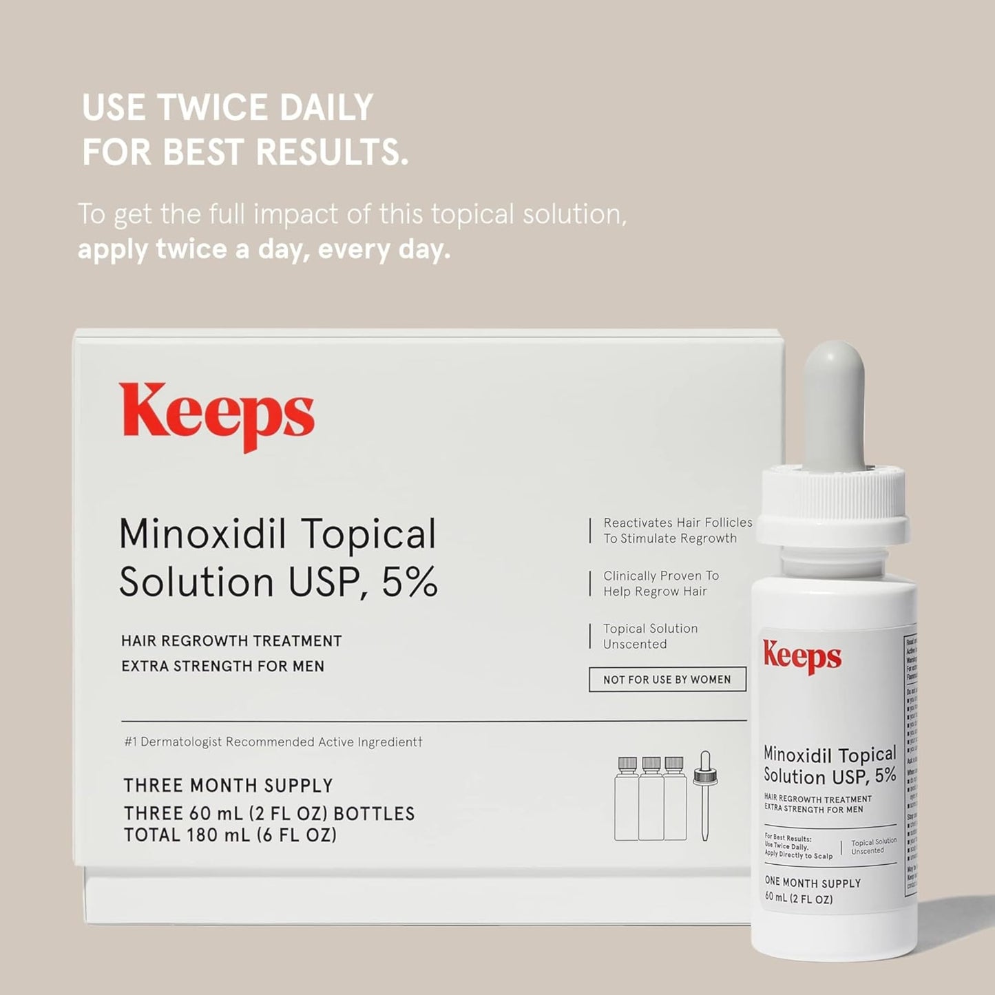 Keeps Extra Strength Minoxidil for Men Topical Hair Growth Serum, 5% Solution Hair Loss Treatment - 3 Month Supply (3 x 2oz Bottles with Dropper) - Slows Hair Loss & Promotes Thicker Hair Regrowth