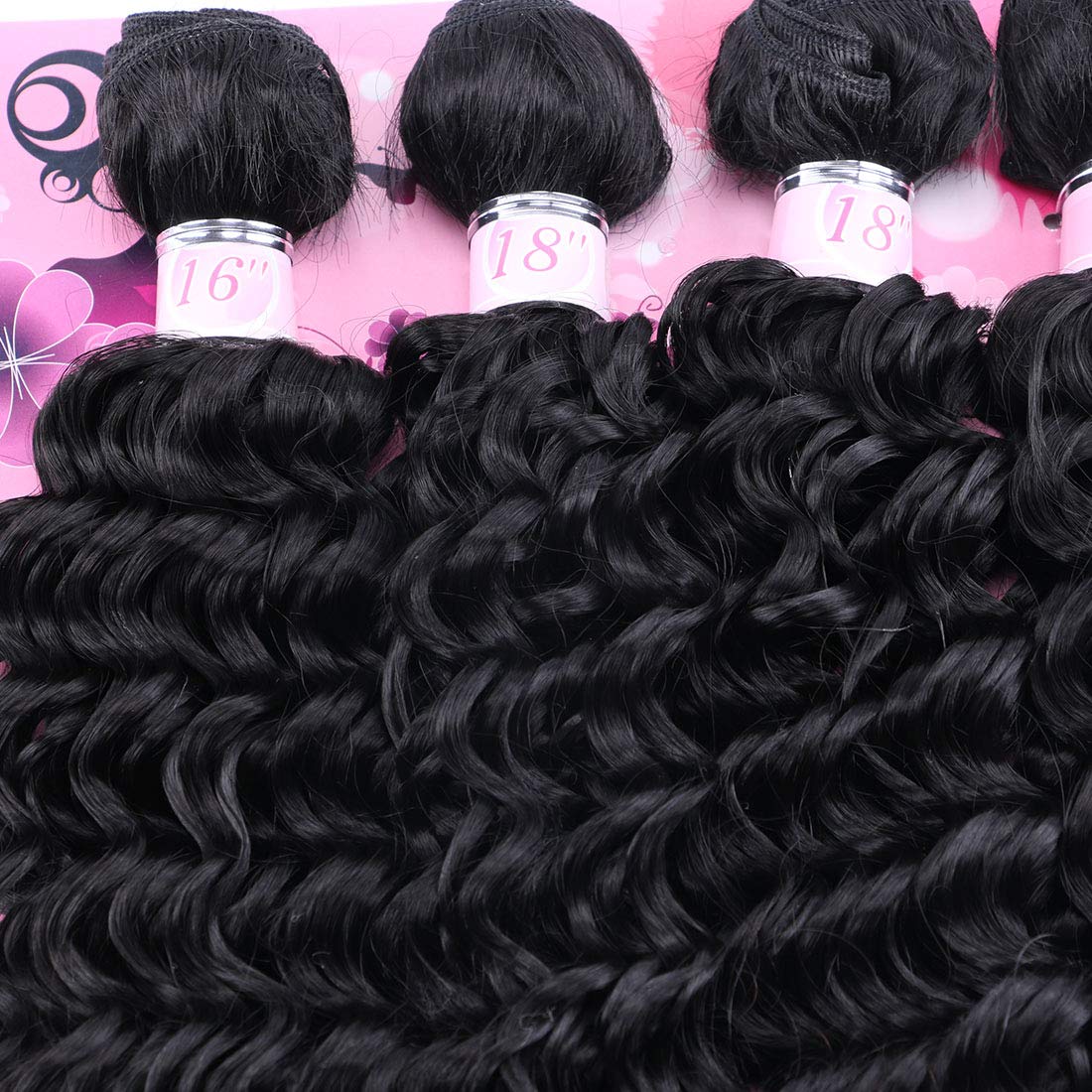 FRELYN Deep Wave Curly Synthetic Hair Weave Bundles - Black, 16-20 Inches, 4 Pack