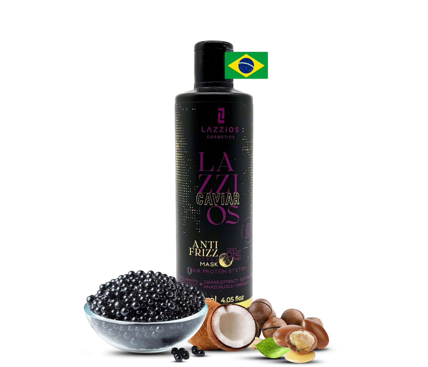 Lazzios Caviar Organic Hair Protein – Brazilian Straightening Treatment – Formaldehyde-Free, Anti-Frizz Hair Organic Formula with Hyaluronic Acid, Hydrolyzed Keratin, Caviar Extract – (120ml)
