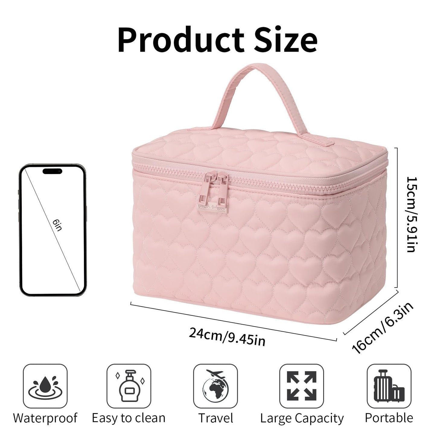 RIGHT AWAY Makeup Bag,Large Cosmetic Bags for Women Girls, Quilted Train Case Make Up Bag with Handle,Travel Makeup Case Organizer,Cute Toiletry Bag Vanity Bag(Pink)