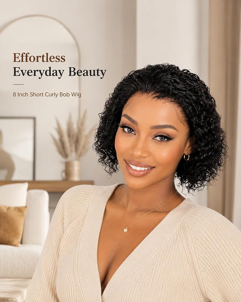 13x6 HD Lace Front Curly Bob Wig - 8 Inch Short Human Hair, Glueless, 180 Density (Variation: 13x6 Curly Bob Wig Human Hair+8 In)