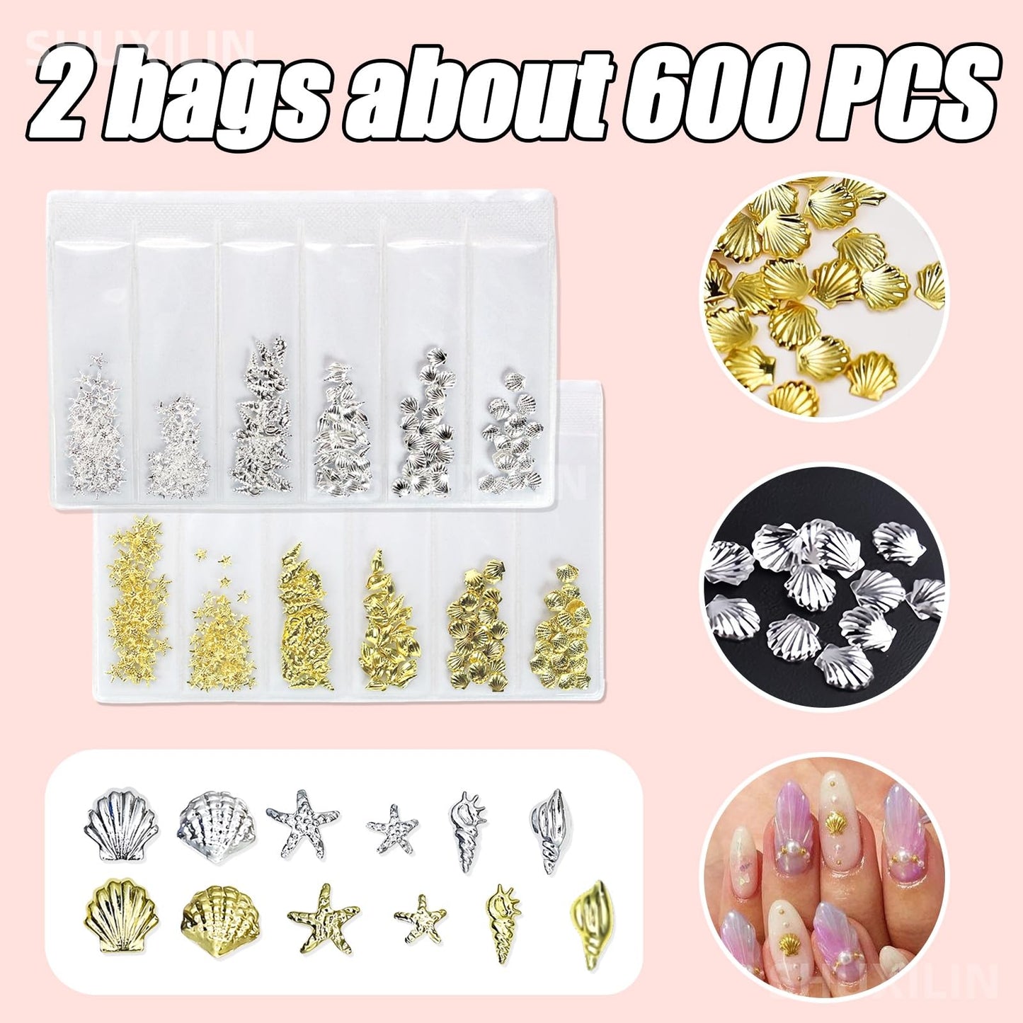 SHUXILIN 600Pcs 3D Metal Nail Charms Mixed Shapes Gold Shell Starfish Conch Alloy Nail Rivets Flat Back Gold Nail Rhinestones Metal Nail Gem Summer Beach Charm for Acrylic Nails for Women Nails Design