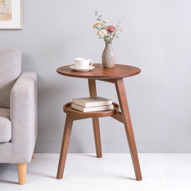 2-Tier Round Bamboo Side Table Brown-1 | Mid Century Modern End Table