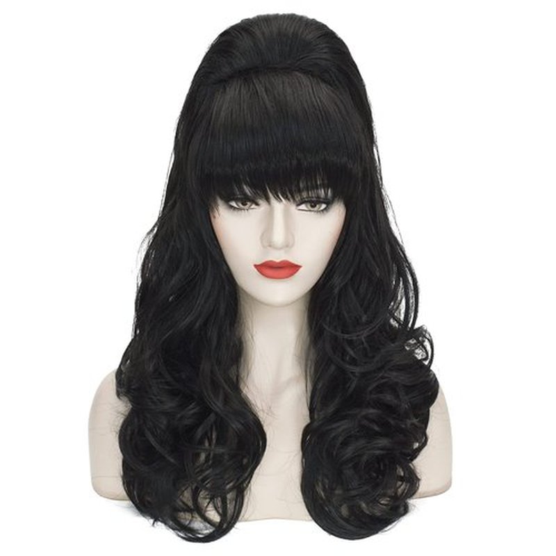 Beehive Wig Black Women Vintage Long Curly Bouffant Updo Victorian Fembot Wig 60s 50s Costume Married Housewife Heat Resistant Synthetic Hair Wigs for Halloween Party + Wig Cap