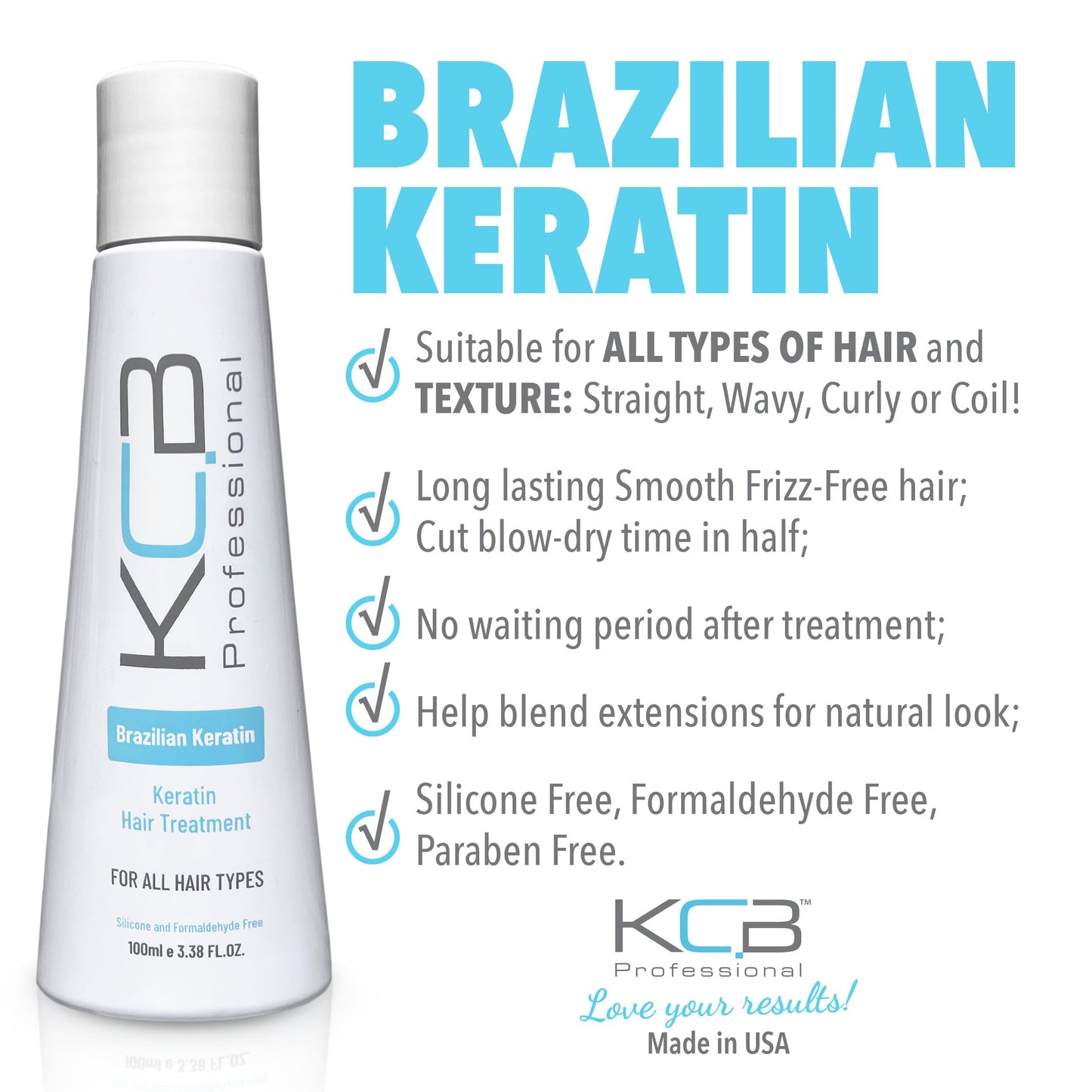 KCB Professional Brazilian Keratin, 1 Step Keratin Treatment Kit at Home. Keratina para Alisar el Pelo. Straightening and Frizz Control, All Hair Types, Formaldehyde Free, 3.38Floz