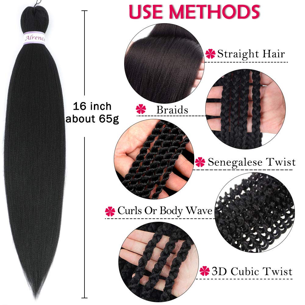 Alrence Pre Stretched Braiding Hair Long Braid 16 Inch 8 Packs Professional Braiding Hair Extensions Synthetic Crochet Twist Braids (16 Inch,1B#)