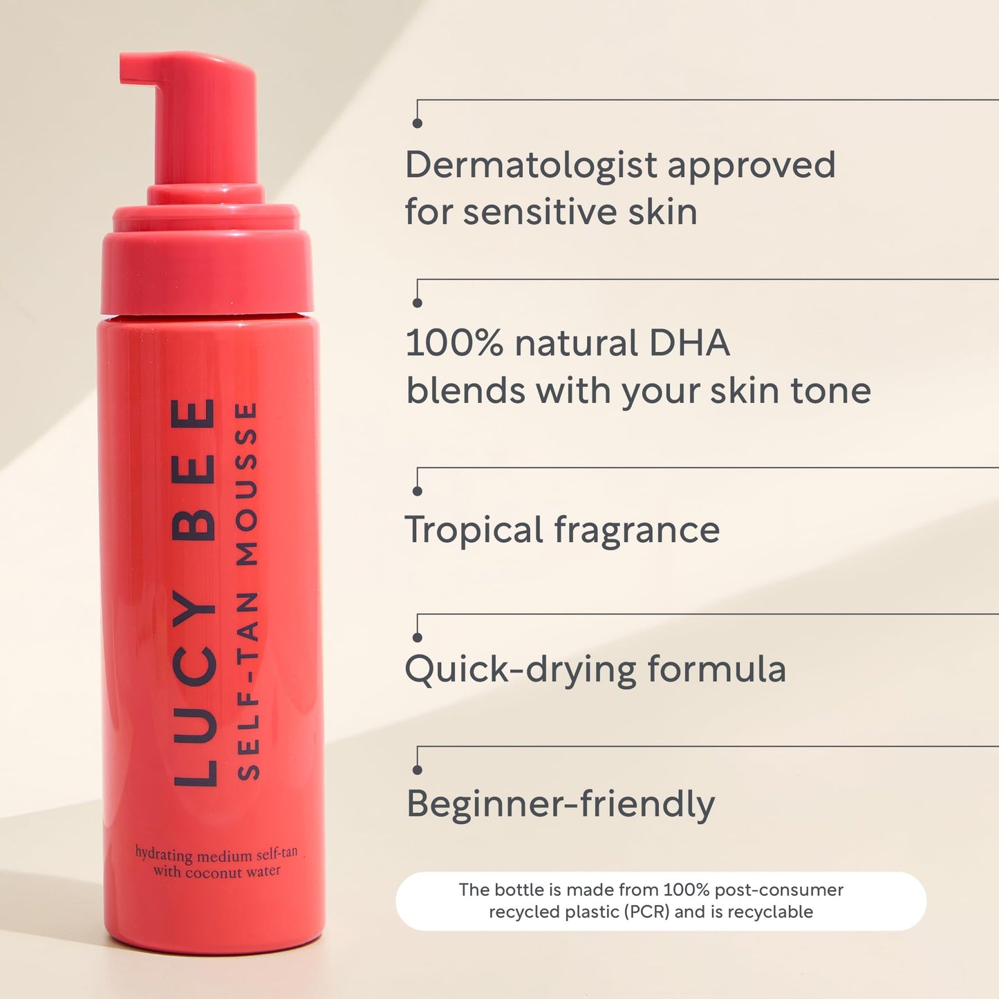 Lucy Bee Self Tan Mousse, Customizable Medium Self Tanning Foam, Natural Looking Tan, Quick-Drying, Dermatologist Approved for Sensitive Skin, Hydrating Coconut Water, Tropical Scent, 6.76 fl oz