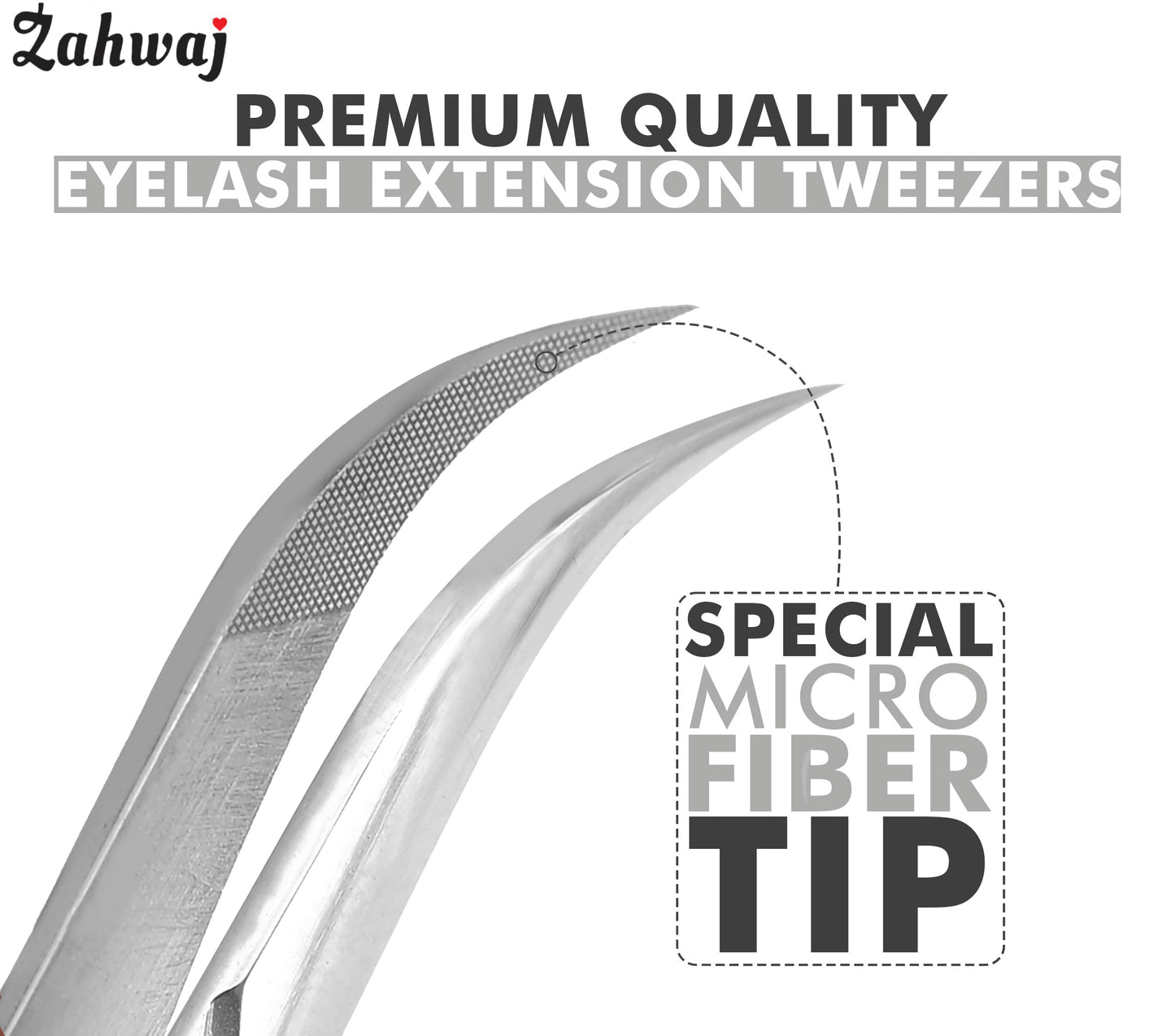 ZAHWAJ Fiber Tip Lash Tweezers - Set of 5 Diamond Grip Eyelash Extension Tweezers, Japanese Stainless Steel Tweezers Set for Volume, Isolation & Classic Lashes (Silver)