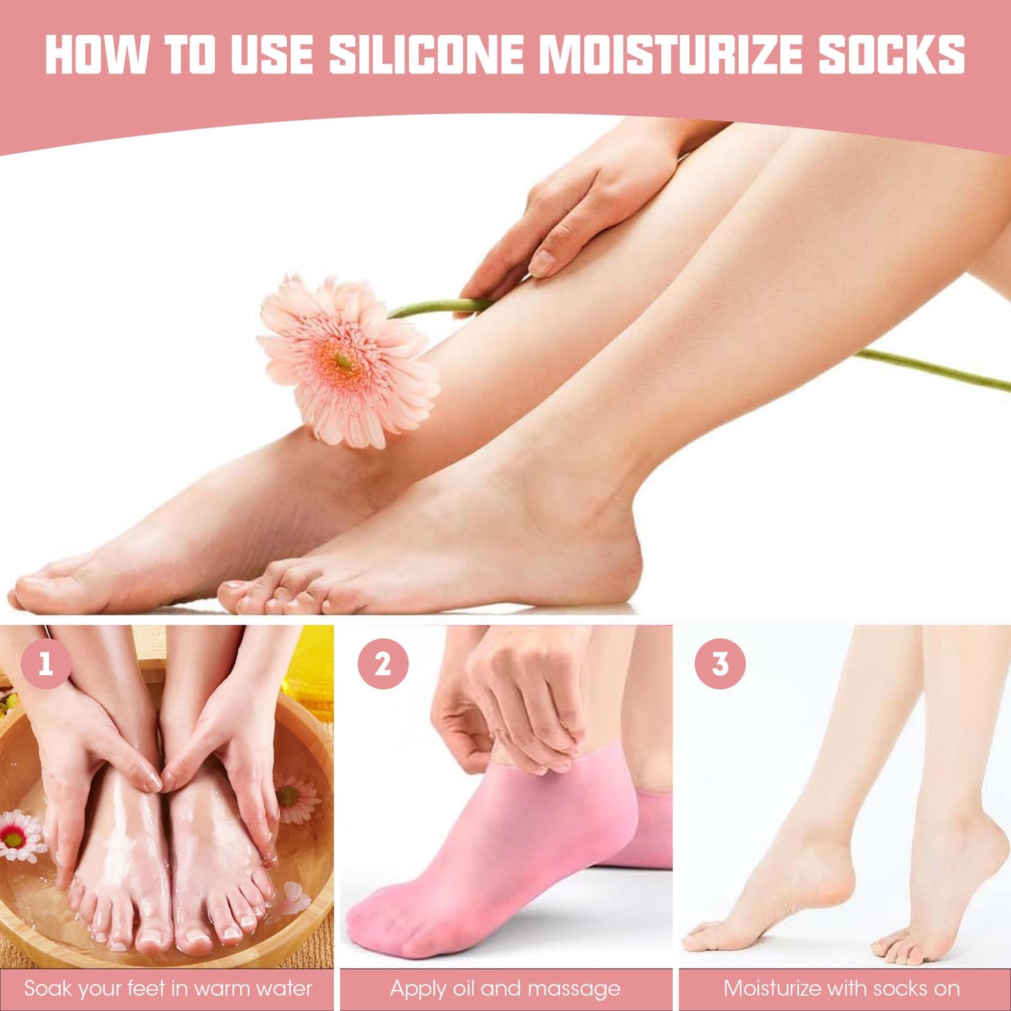 Silicone Moisturizing Sock 1 Pair Reusable Foot Care Socks for Dry Cracked Feet - Softening Calluses & Rough Skin for Home Spa & Pedicure, Pink