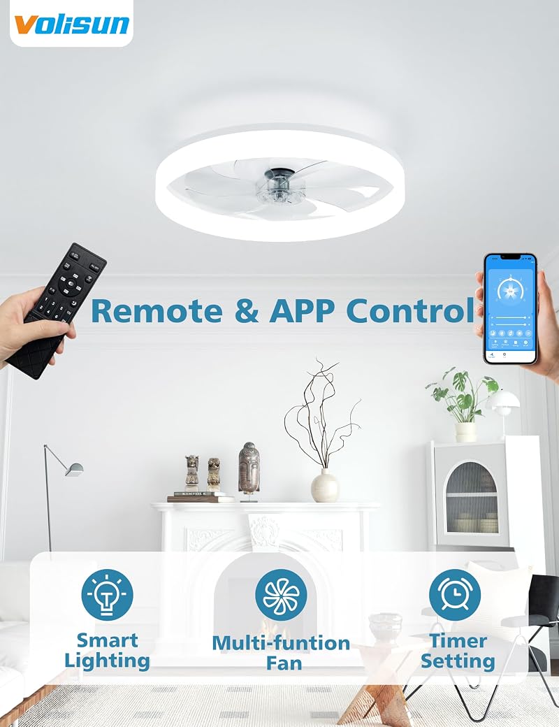VOLISUN White 20 Inch Low-Profile Ceiling Fan with Lights, Remote, 3000K-6500K Dimmable, Flush Mount Variation: White+20 INCH