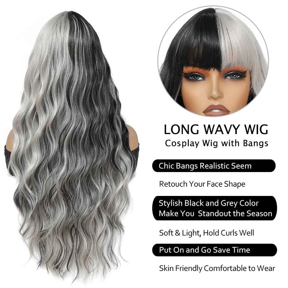 meiliprotea Long Wavy Silver Grey and Black Wig with Bangs Black Grey Split Dye Wigs for Women 26 Inches Glueless Synthetic Bangs Wig for Daily Christmas Party Cosplay Halloween Use (Black and Grey)