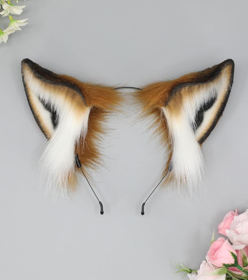 Brown One Size Fox Wolf Cat Ears Headband - Plush Animal Ears Hairband for Cosplay