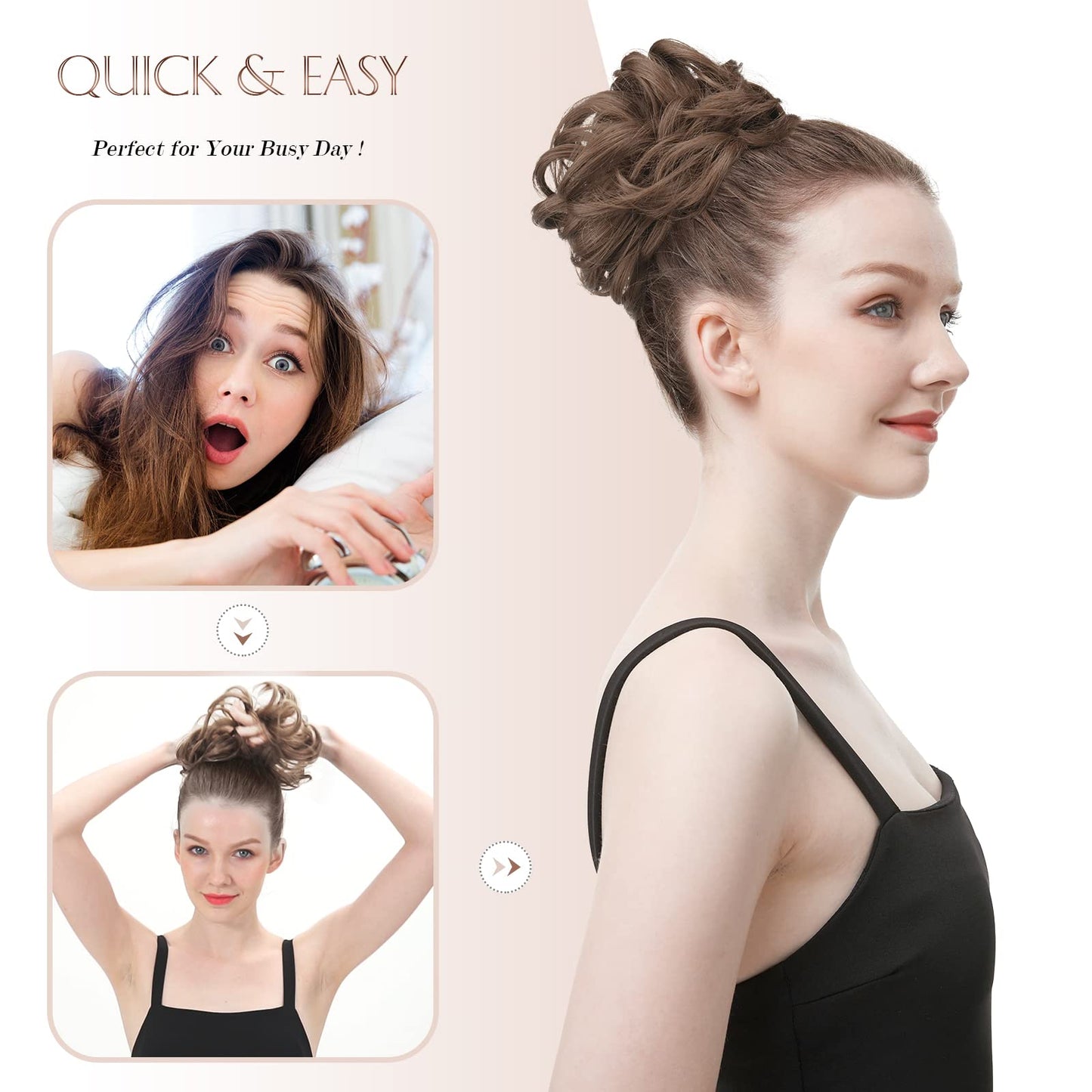 FESHFEN Messy Bun Hair Piece - Elastic Wavy Curly Hair Bun Scrunchies Extensions Synthetic Chignon Hairpieces for Women Girls, Black Brown 1 PCS