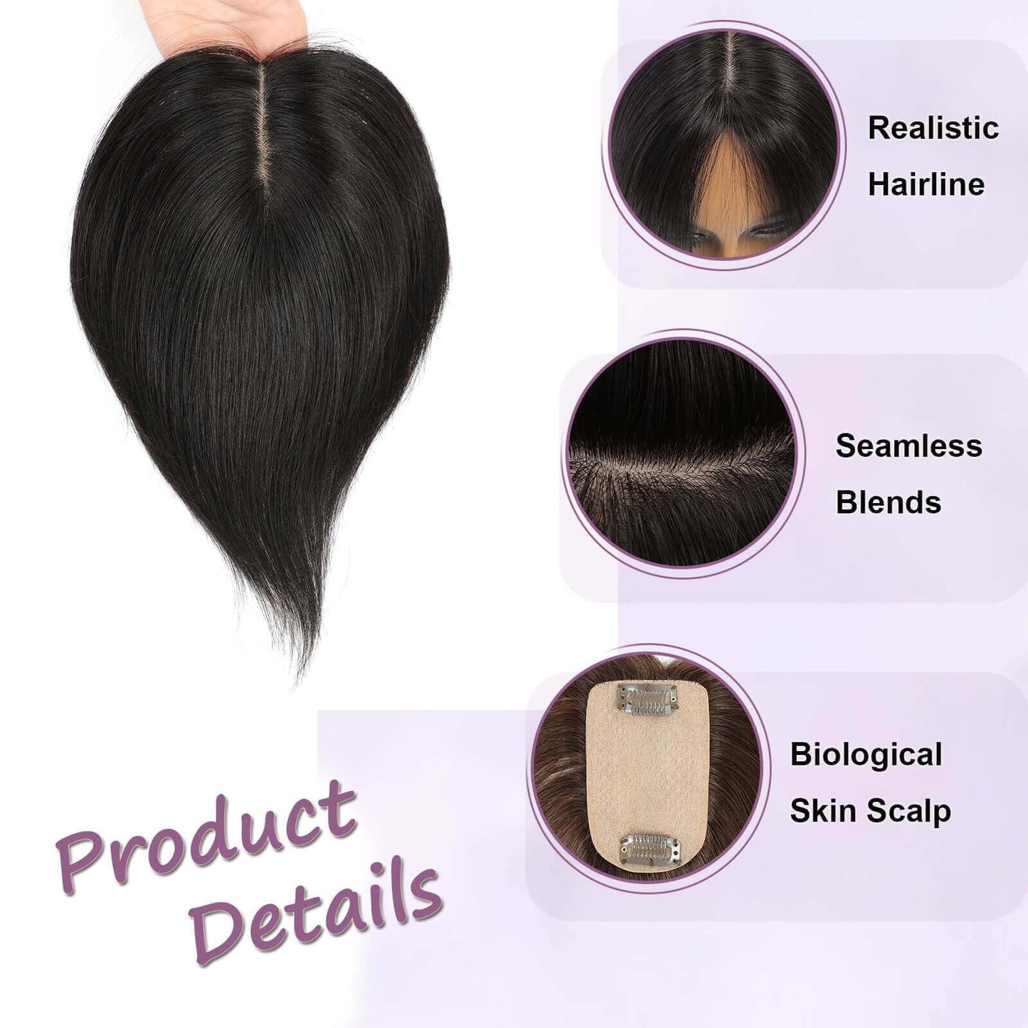 MORICHY Hair Toppers for Women Real Human Hair,Realistic Scalp Line Human Hair Toppers for Women with Thinning 360°Cover Black 7 Inch Short Topper Pieces for Daily Use 1B# 2 Clip