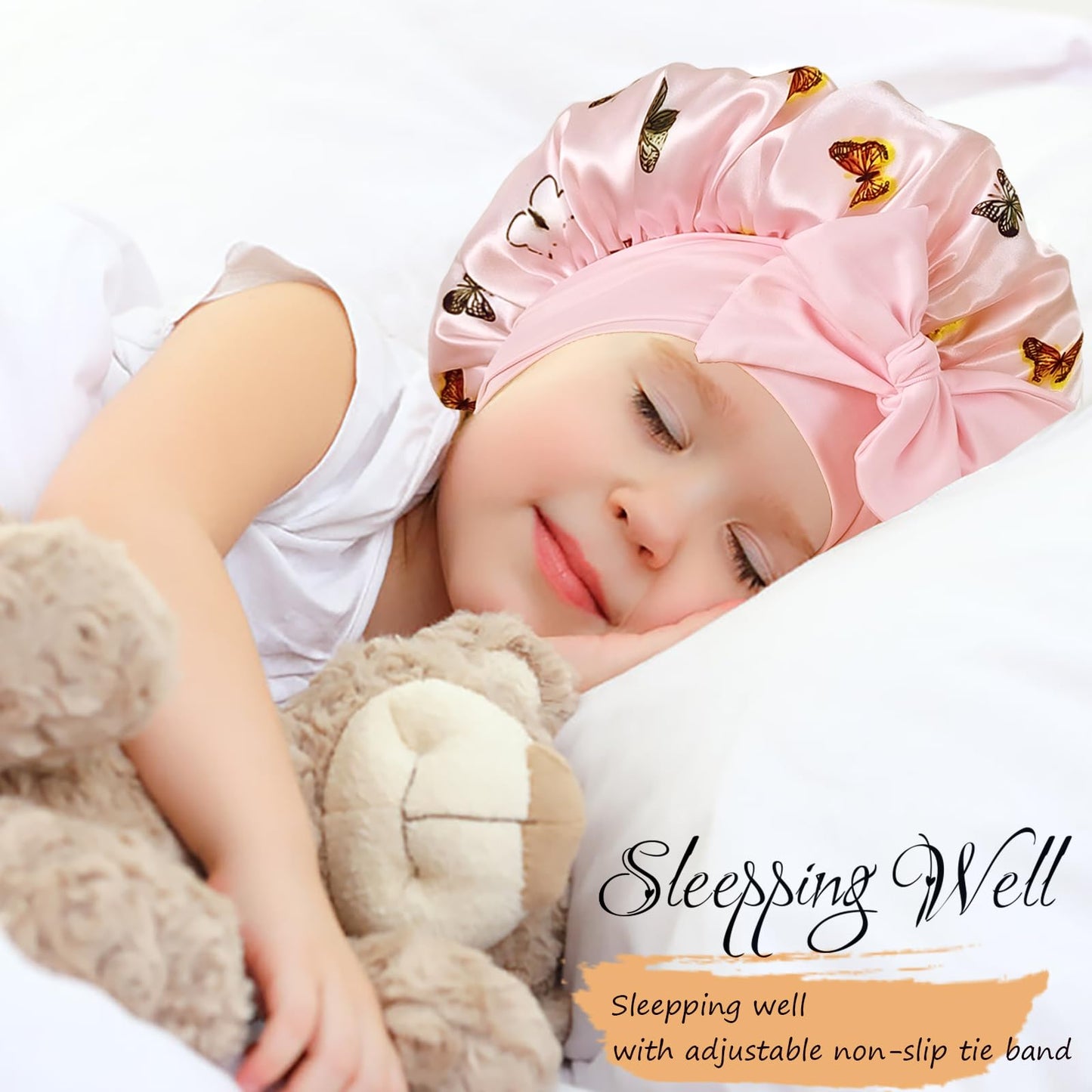 2 PCS Kids Satin Bonnets for Girls with Scrunchies,Hair Bonnet for Sleeping,Toddler Tie Silk Bonnets Curly Sleep Cap