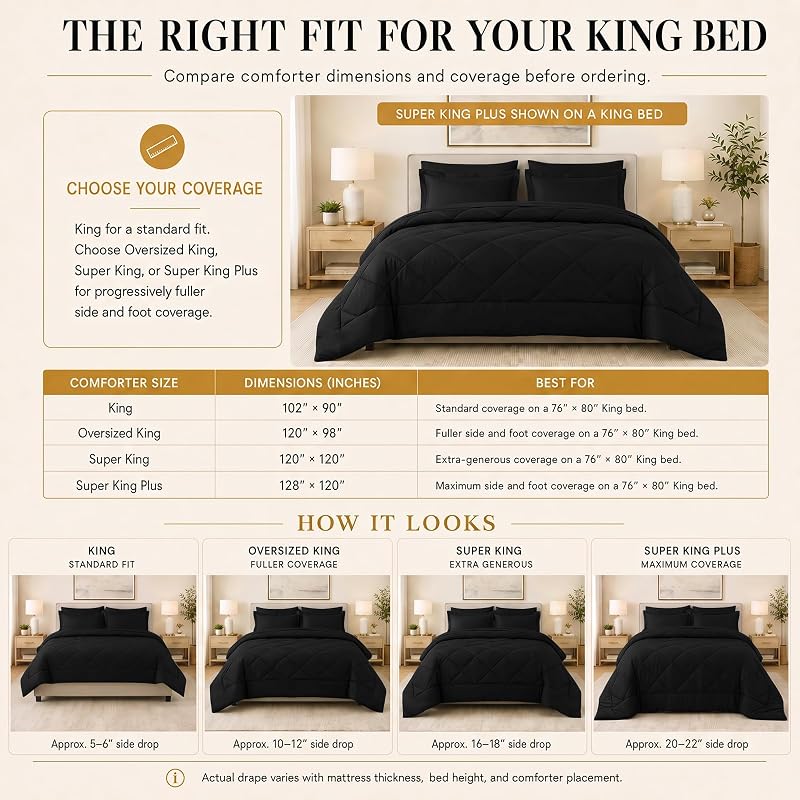 King Comforter Set 102x90 Black - 7 Piece Bedding Set, CozyLux - Variation: Black+King(102x90)