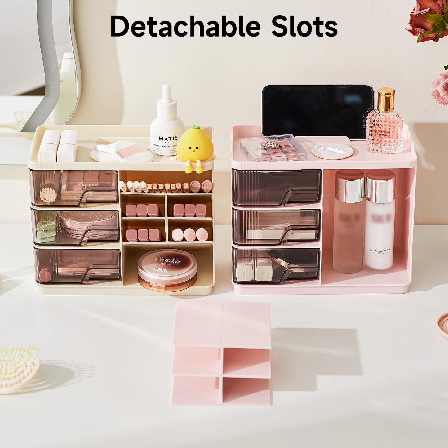 UFORU Makeup Organizer Countertop with 3 Drawers, Multi-Function Desktop Vanity Organizer for Skincare Makeup Brush Lipstick, Bathroom Counter Organizer, Pink