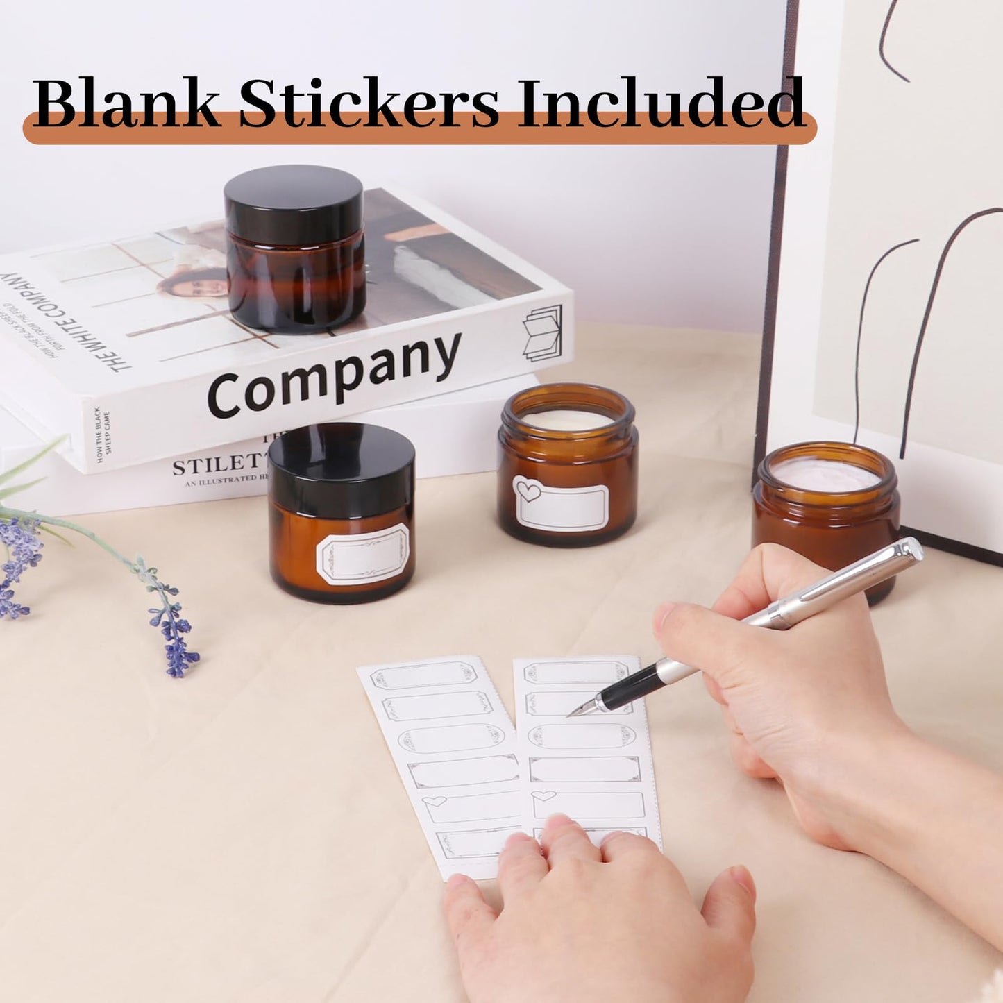 2oz Amber Glass Jars with Lids 24Pack- 2 oz Airtight Small Jars with Lids&Stickers for Cosmetics, Body Butter, Candle Making (2fl.oz-24Pack)