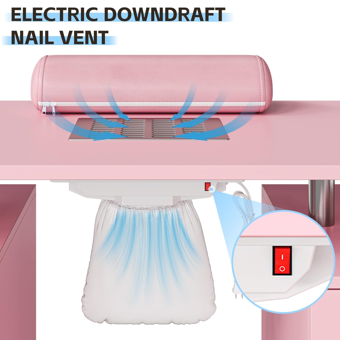 PeacefulHues Manicure Table Nail Desk, Nail Station with Electric Dust Collector, Wrist Rest and Storage Drawers Cabinet, Beauty Salon Workstation for Nail Tech, Pink