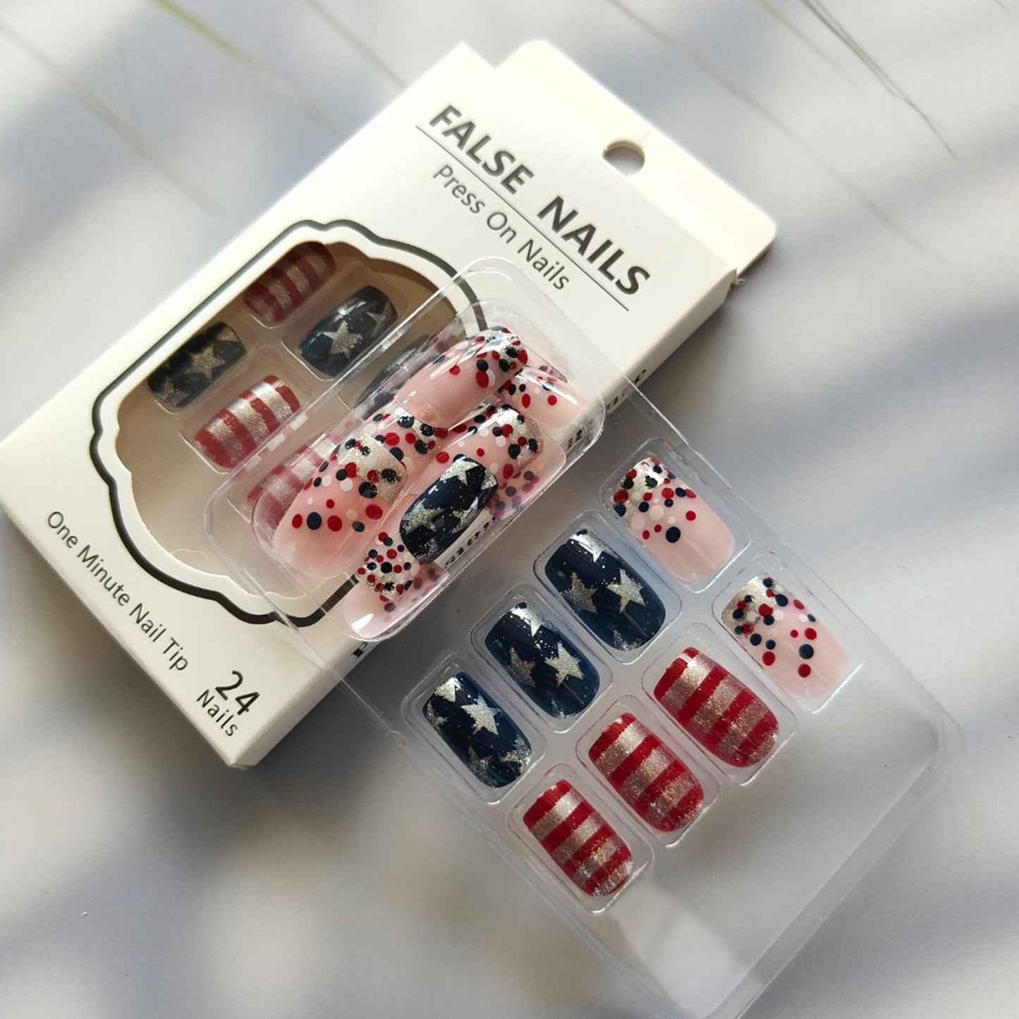 Independence Day Press on Nails Medium Square Fake Nails with Silver Glitter Star Stripe Designs Patriotic False Nails 4th of July Acrylic Nails Red Blue Polka Dots Stick on Nails for Women